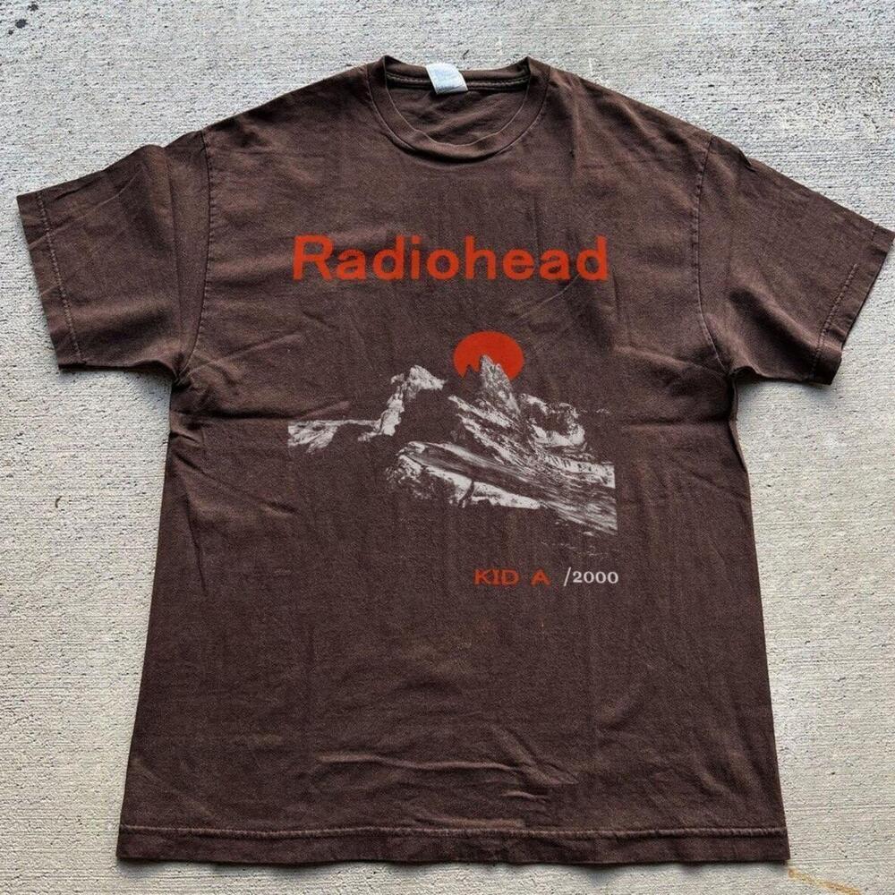Radiohead Kid A 2000 Album Tee With White Mountain Graphic And Red Sun